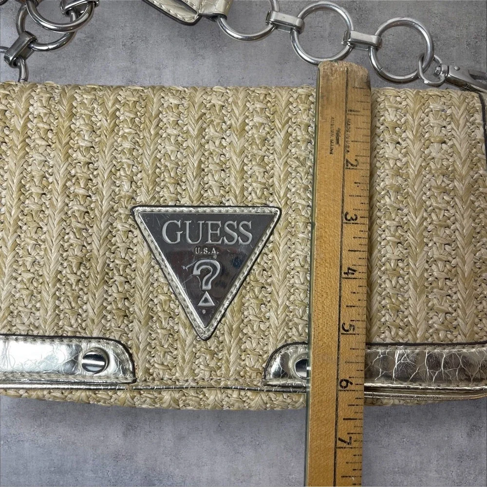 Vtg Y2K Style Guess Baguette Straw Purse Metallic Silver Snake Skin Trim 90s